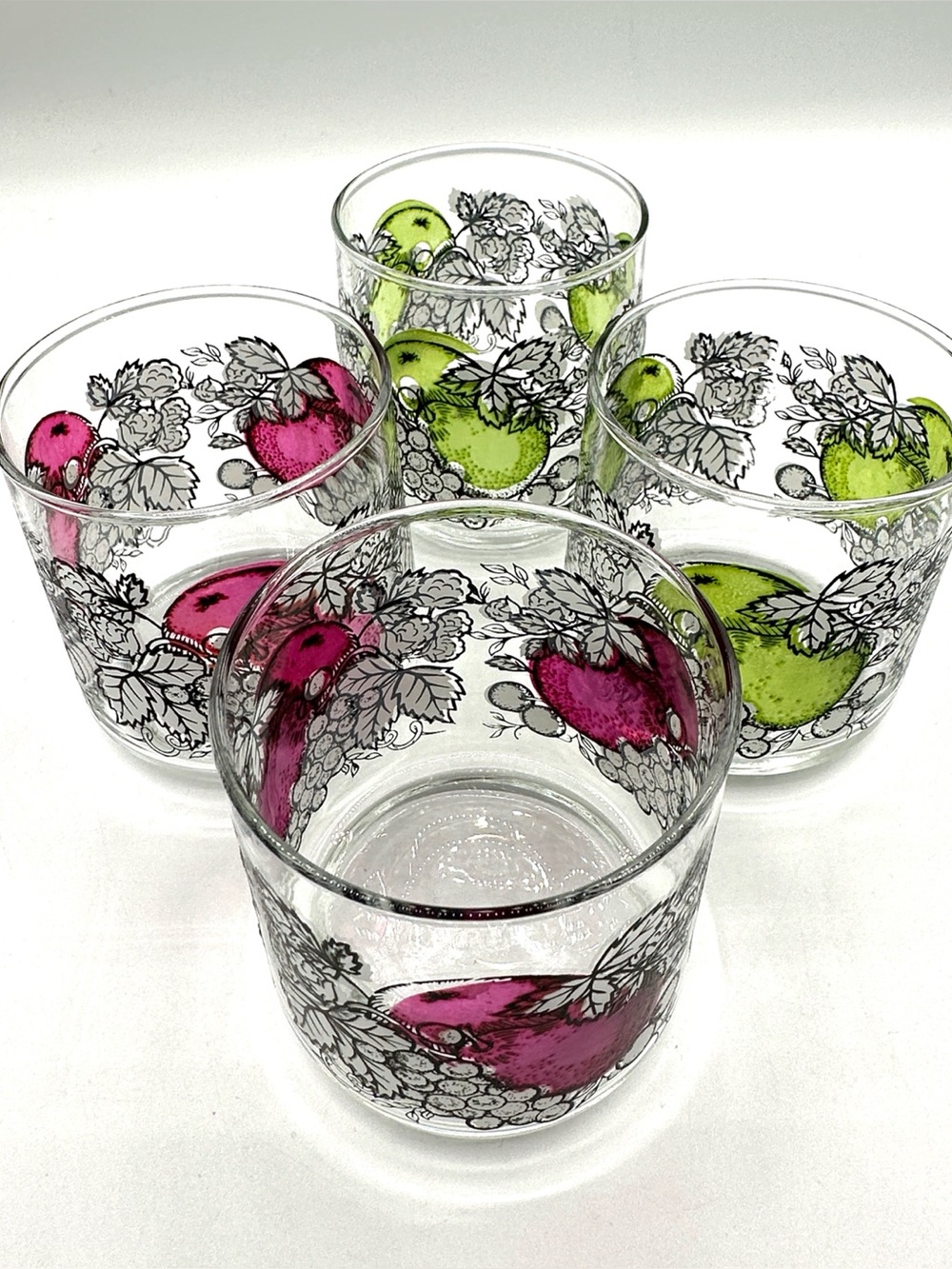 4 Purple & Green Pears on Glass Tumblers. Vintage MCM